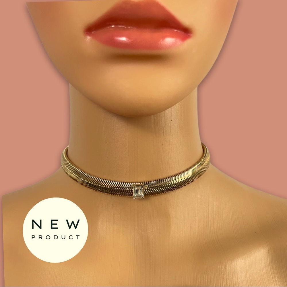 Stone Inset Herringbone Choker Necklace